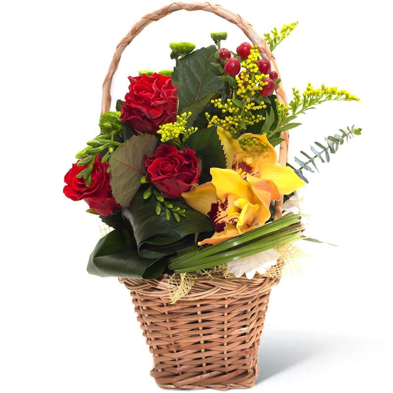 Italia in fiore consegna composizione in cesto di rose e orchidee in Italia