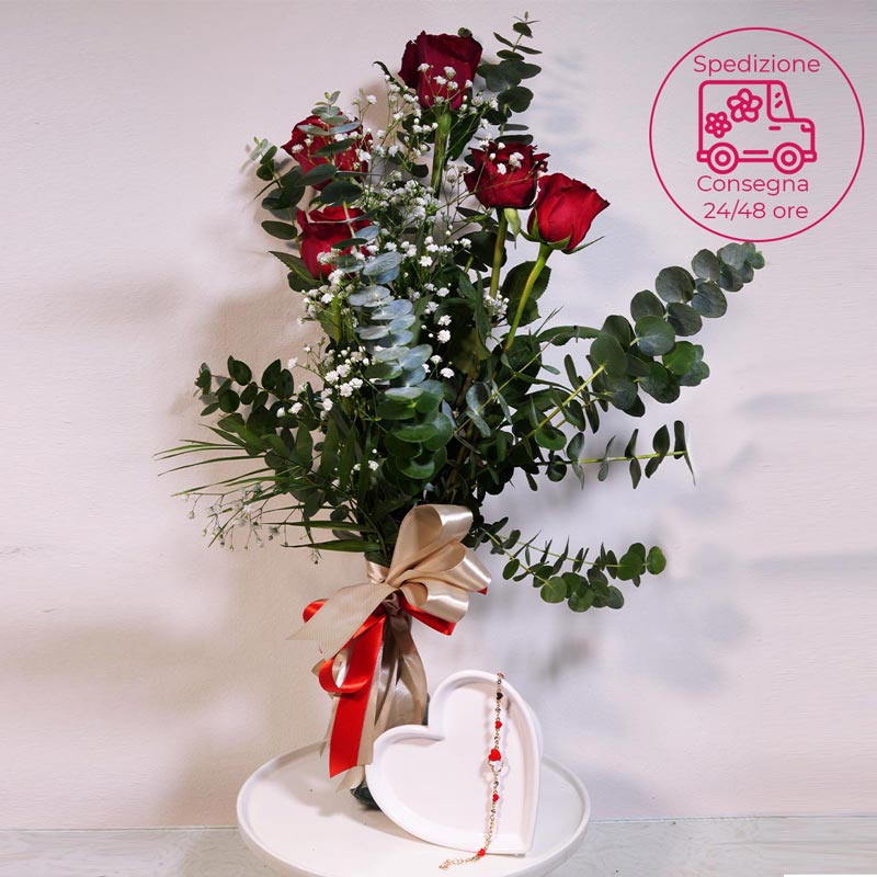 20230201 121724 5 rose rosse con bracciale a domicilio gratis in Italia