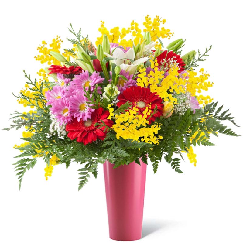 Spedire fiori misti con mimosain vaso rosa