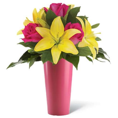 Spedire lilium gialli e rosa in vaso rosa