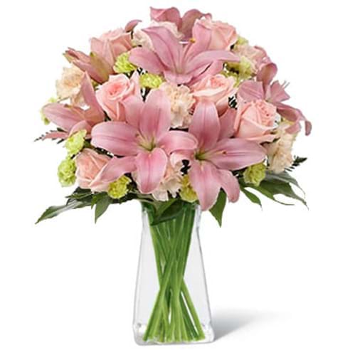 Spedire rose e lilium rosa in vaso