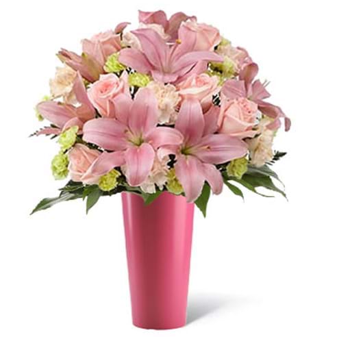 rose e lilium rosa in vaso rosa