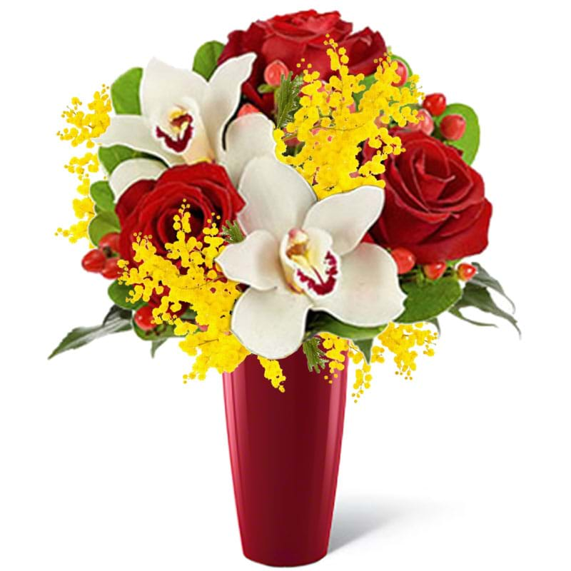 Spedire rose_e_orchidee_con_mimosa_in_vaso_rosso