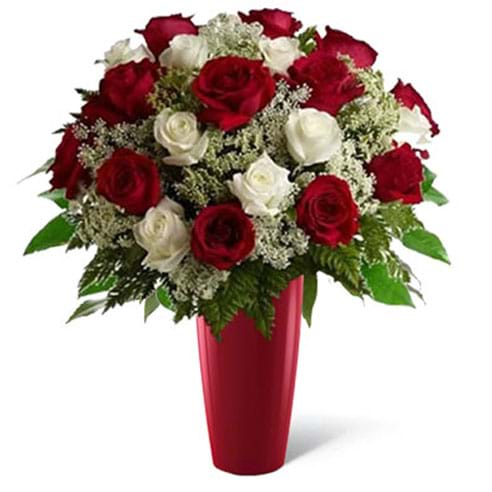 Spedire rose rosse e bianche in vaso rosso